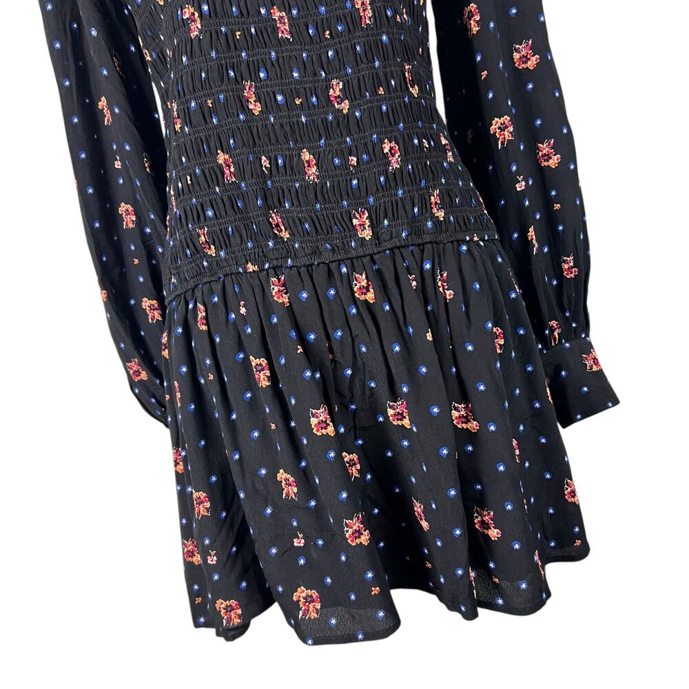 Free People Two Faces Mini Dress Black Floral Smocked Long Sleeve Size S - Picture 6 of 11